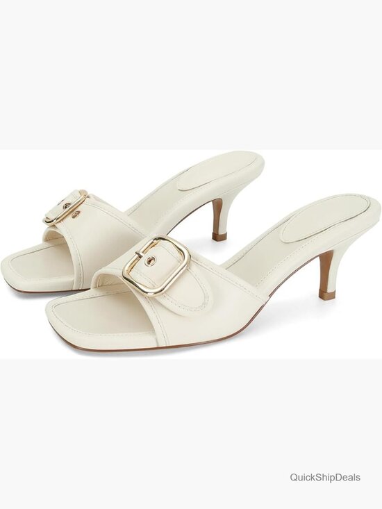 Black Kitten Heel Mule Sandals Square Open Toe Slip On Dress Shoes for Women
